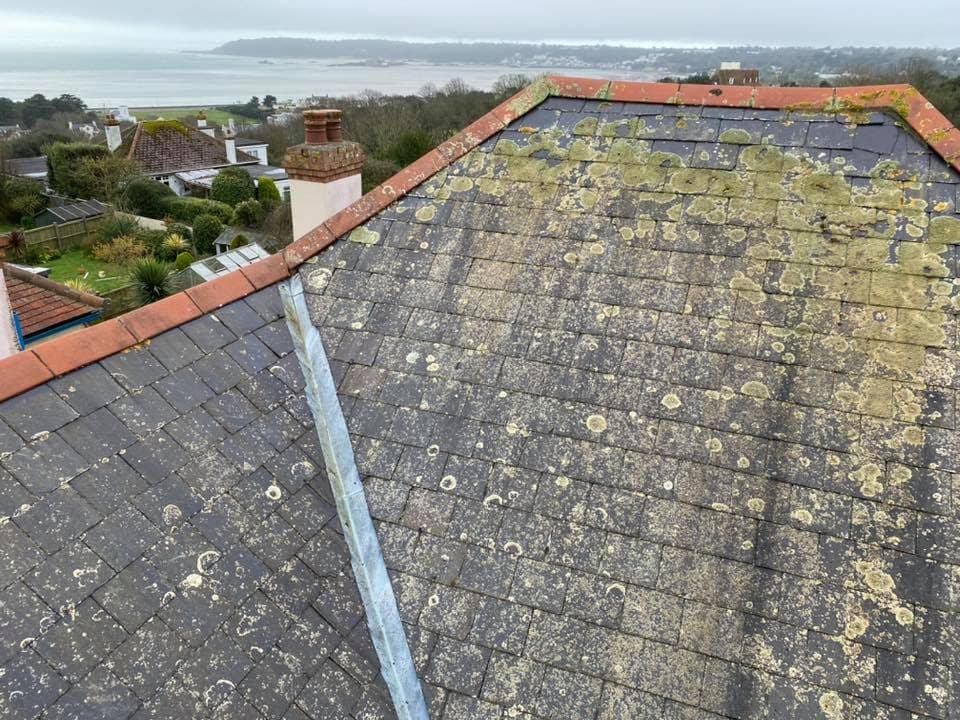 Before: slate roof with green lichen across the slates